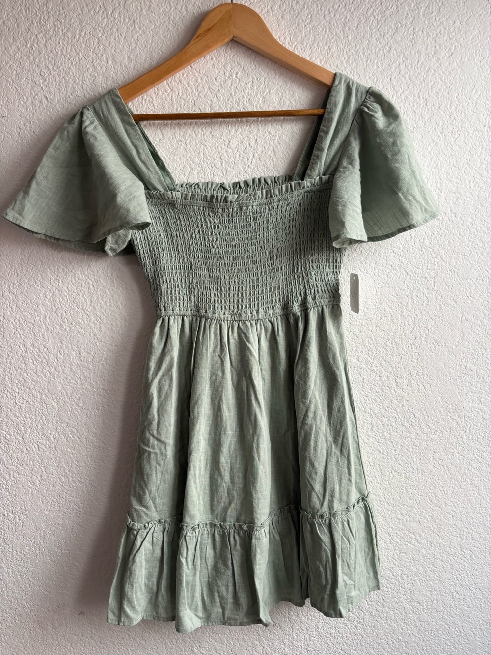 Altar'd State Smocked Square Neck Mini Dress Sage Green Womens Small New